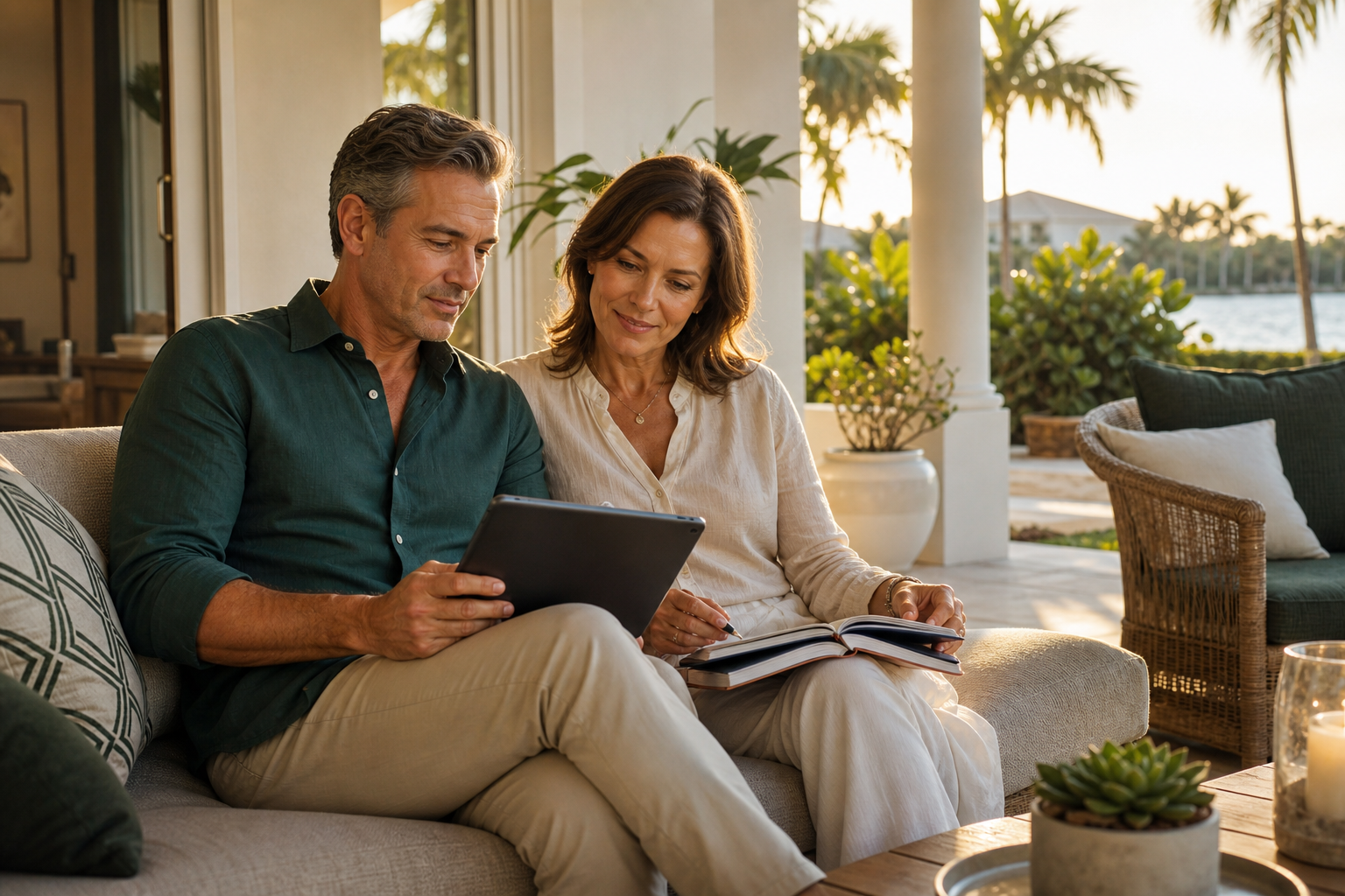 A couple thoughtfully reviewing their next-home decision on a Sarasota lanai